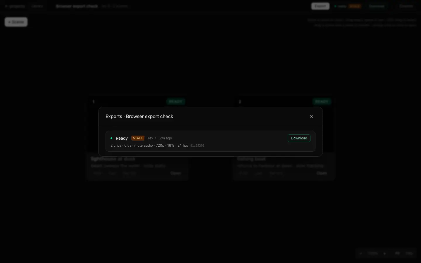 An Exports panel listing a ready export with its clip count, duration, audio mode, resolution, aspect ratio, frame rate and a Download button.