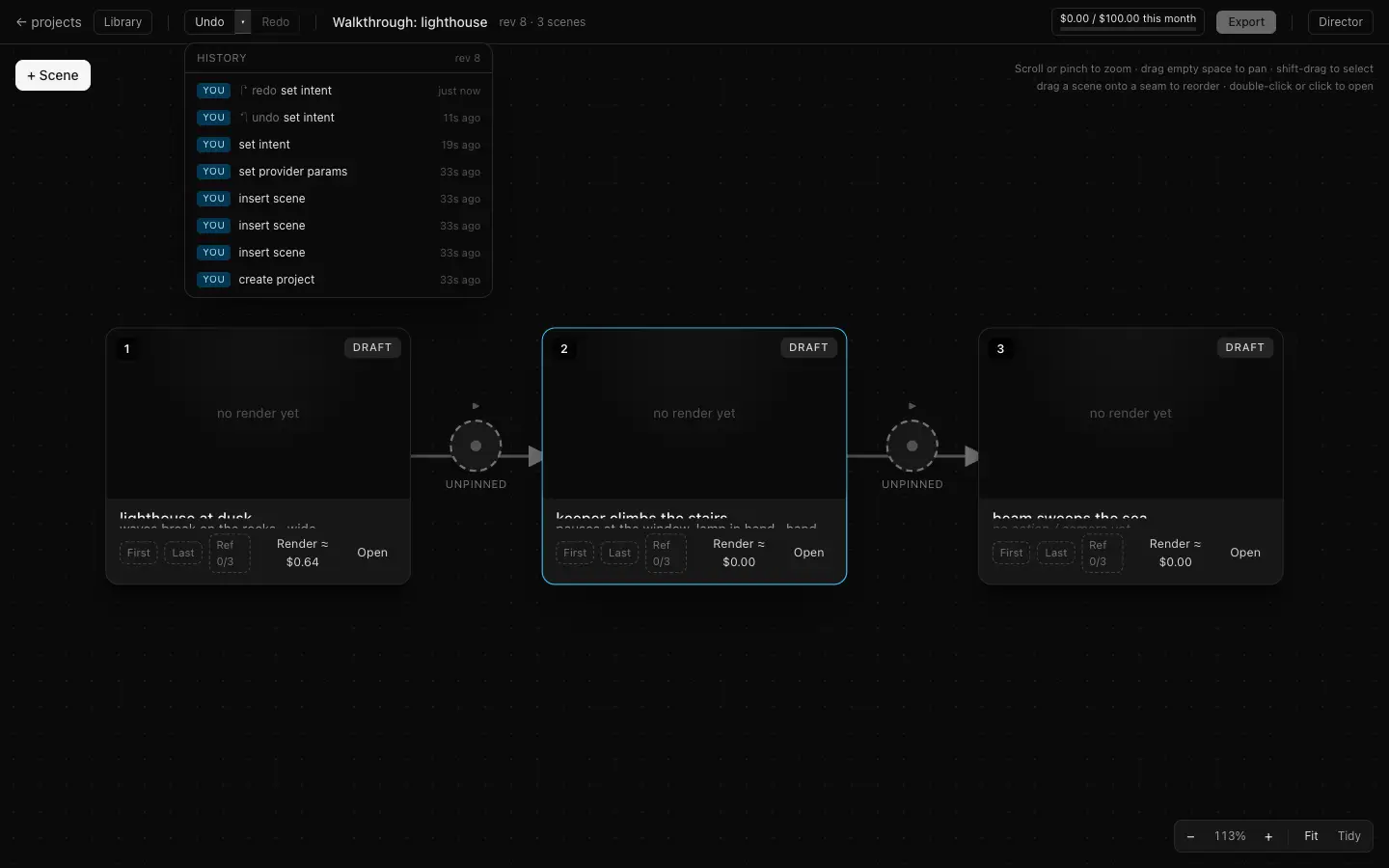 A history panel listing recent commands — create project, insert scene, set provider params, set intent, undo set intent, redo set intent — each attributed to YOU with a relative timestamp.