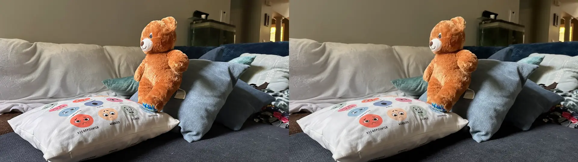 Two near-identical photographs side by side: a teddy bear perched on a pillow on a couch. Left is the authored still pinned to the seam; right is the last frame of the generated clip.