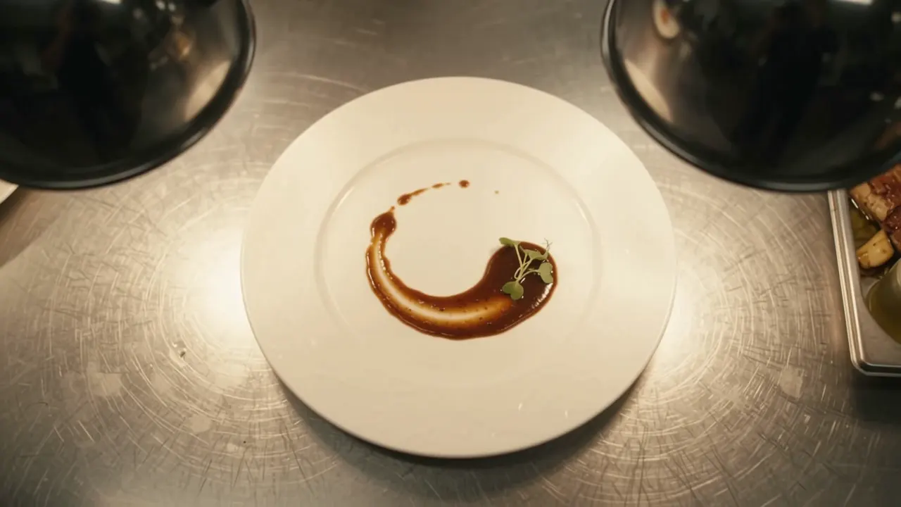 The opening frame of the generated clip: the same plate, sauce and garnish on the same stainless pass, under the same warm light. No difference from the pinned frame is visible.