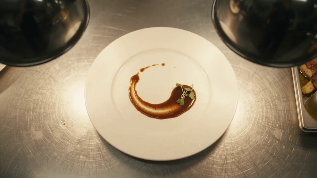 A near top-down shot of a white porcelain plate on a stainless steel pass, a dark sauce swooshed across it and a sprig of microgreens set into the sauce, lit by warm overhead heat lamps.