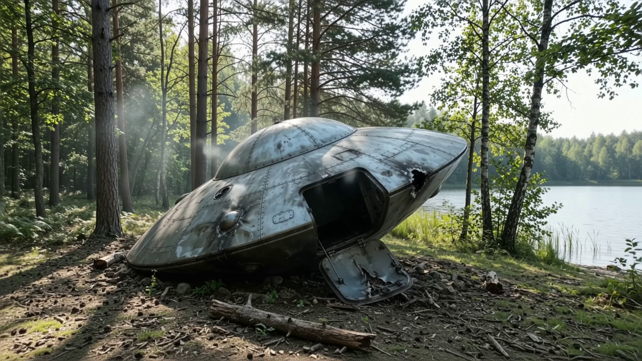 A weathered silver spacecraft lies open among trees beside a lake, with morning light filtering through the forest.