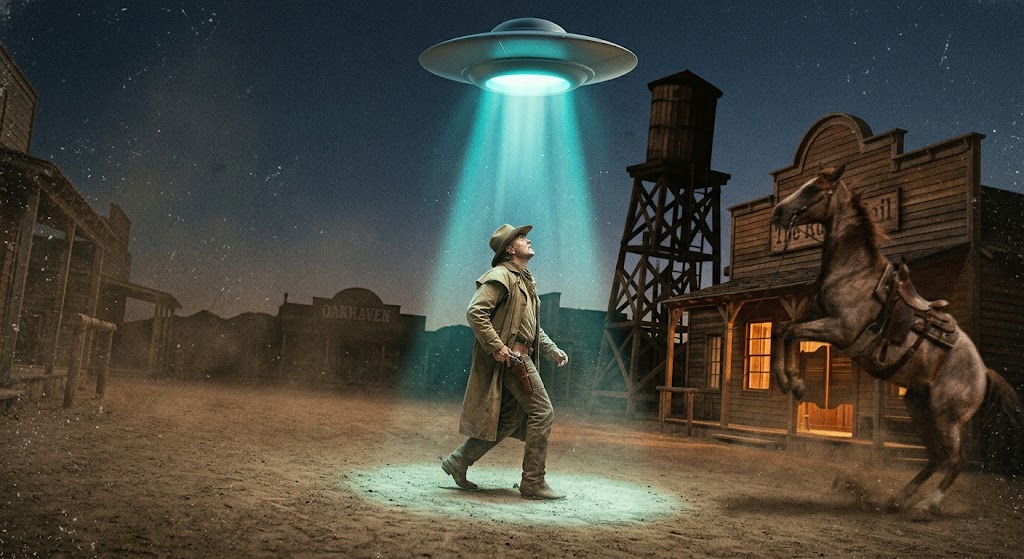 A cowboy in a duster coat and hat stands in a dusty frontier street at night, lit by a beam of light from a hovering UFO overhead, a saloon and rearing horse behind him.