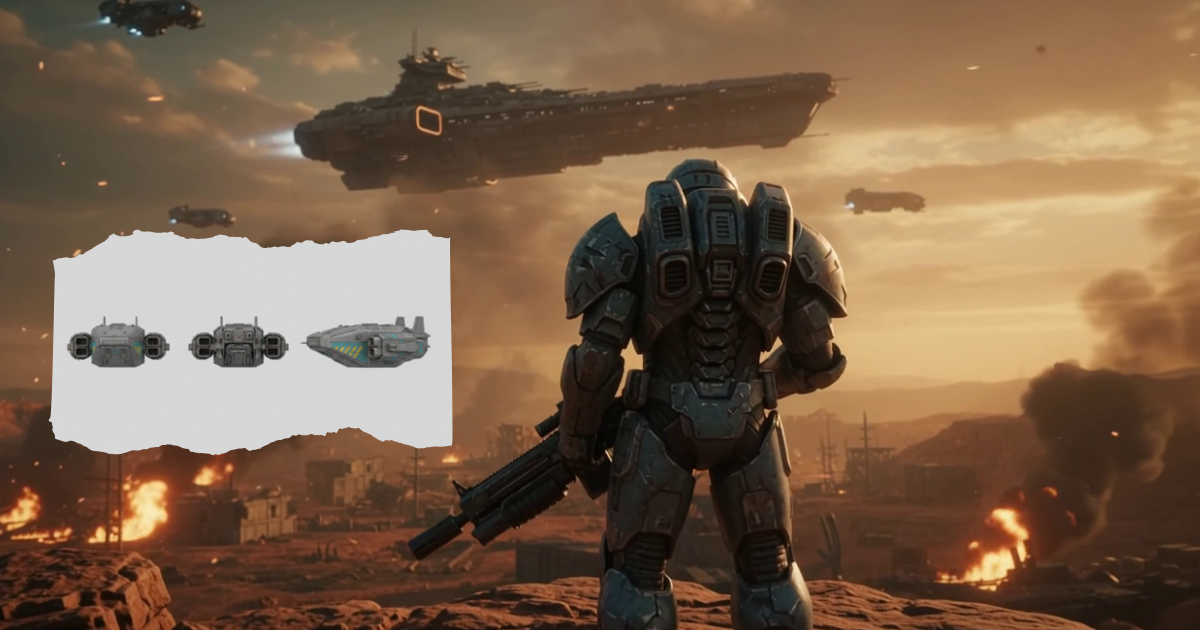 An armoured soldier seen from behind on a scorched hillside, facing a huge warship in a smoky orange sky. In the foreground, a torn-paper inset shows a small craft from several angles on a plain grey background.